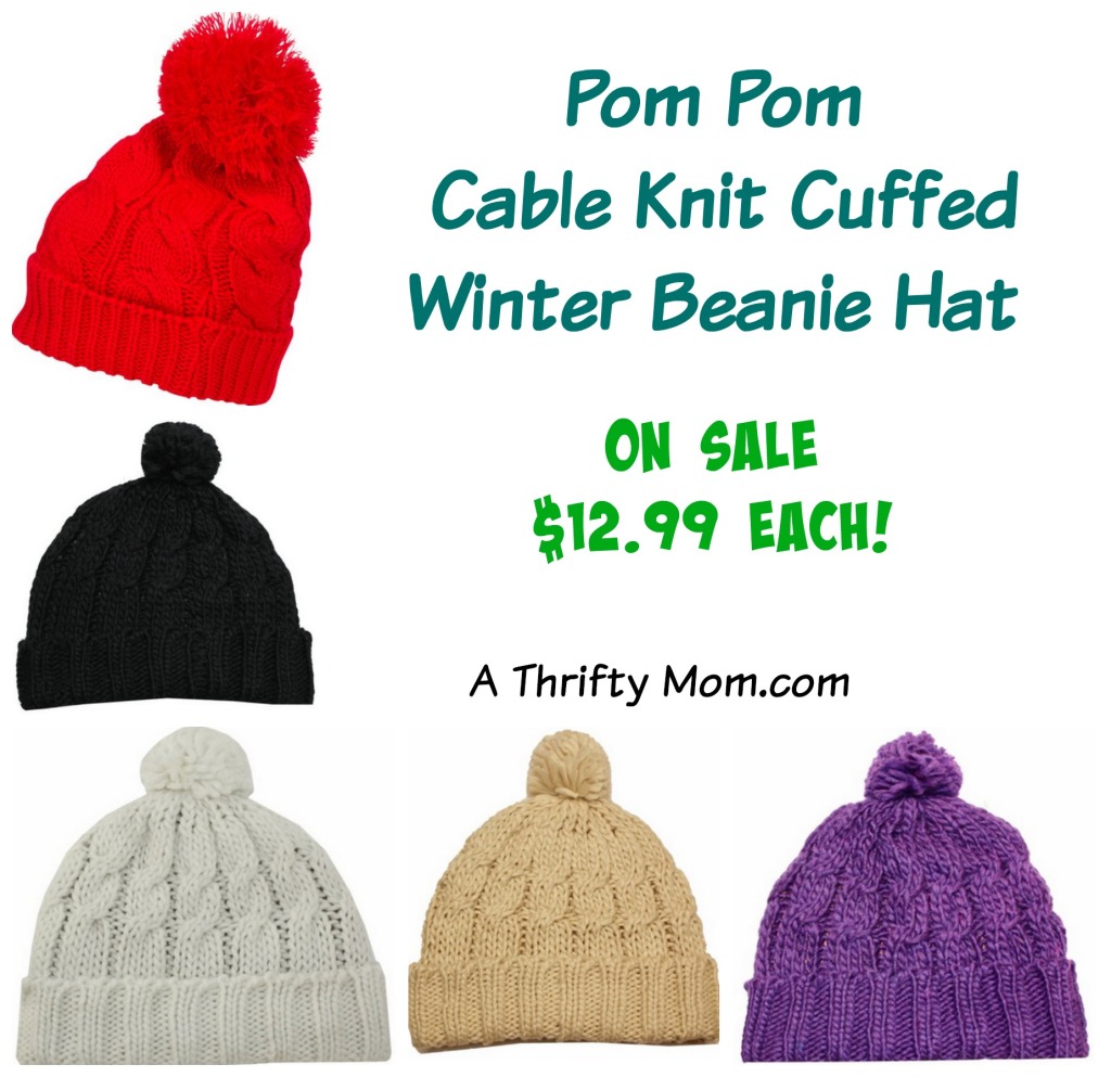 Pom Pom Cable Knit Cuffed Winter Beanie Hat On Sale $12.99 Each - 5 Colors to Choose From #StayWarm