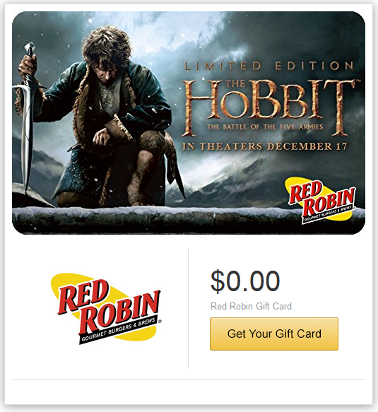 Red Robin Limited Edition Gift Card - Get a $10 Movie Ticket to see The Hobbit The Battle of the Five Armies when you buy a Red Robin Gift Card