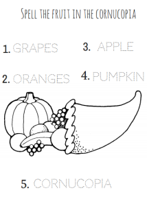 Spell the fruit in the cornucopia Thanksgiving coloring page