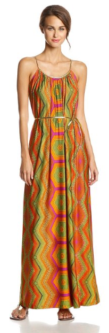 Women's Maxi Printed Dress with Braided Gold Trim Spaghetti Straps Only $24!