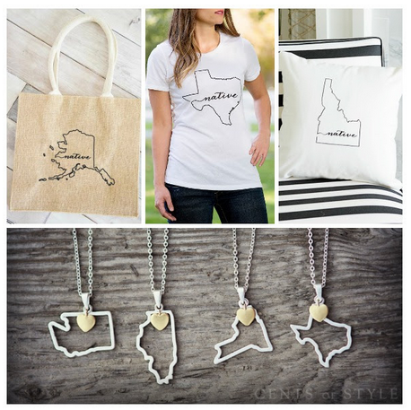 state shapped necklace, pillows and bags all on sale and shipped free