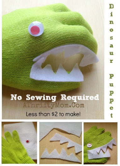Dinosaur hand puppet, easy hand puppets to make for kids. Children craft projects, low cost party favor ideas, boy puppets, Dino glove