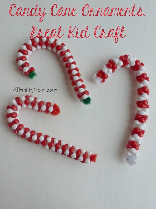 classic candy cane ornaments, great kid craft, #craft, #kid craft, #thriftycraft, #ornaments,#diyornament, #candycaneornament, #candycane, #beads, #pipecleaners, #crafting, #holidaycraft