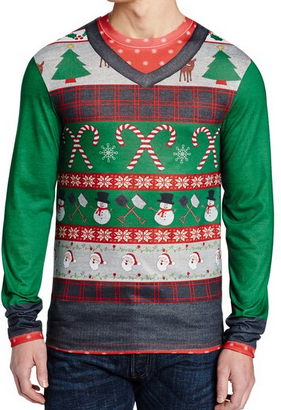 ugly christmas sweaters for a Holiday party, Faux Ugly Sweater is really a comfortable t shirt, Where for find an Ugly Sweater, Gag Gift