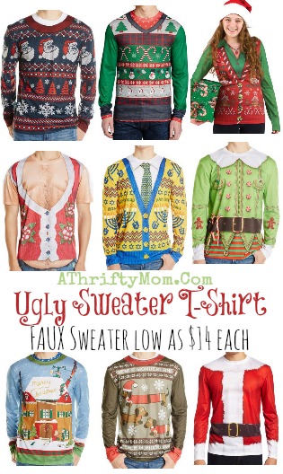 ugly christmas sweaters for a Holiday party, low as 14 dollars, Faux Ugly Sweater is really a comfortable t shirt,  Where for find an Ugly Sweater Gag Gift