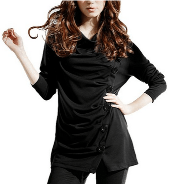 Cowl Neck Button Embellished Ruched Long Sleeve Blouse Top