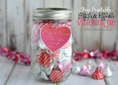 Free Valentines Printable, Hugs and Kisses Valentine Tag, Free Valentines, Mason Jar Craft, DIY Heart Craft