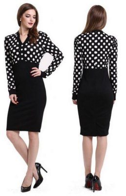 Women's Long Sleeve Knee Length Polka Dot Business Shirt Dress