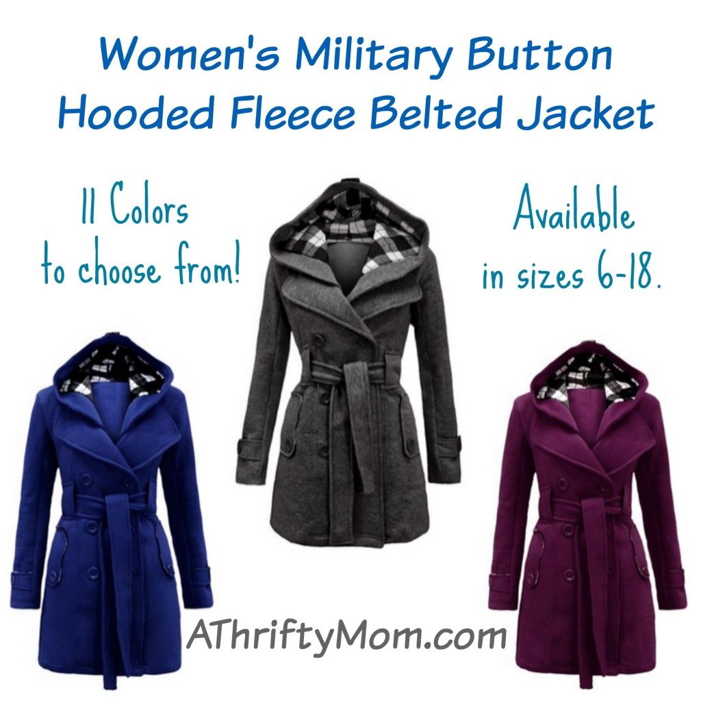 Women's Military Button Hooded Fleece Belted Jacket - 11 Colors in Sizes 6-18 - #Fashion