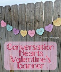 conversation hearts Valentine's banner, #valentinesday, #valentine, #banner, #garland, #valentinesdaydecorations, #conversationhearts, #thriftycraft, #easycraft, #quickcraft