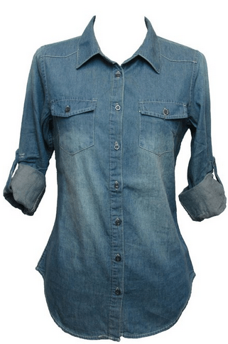 Chambray Button Down Denim Shirt with Roll-up Sleeves - AThriftyMom
