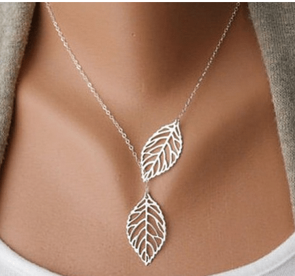 Womens and Girls Simple Metal Double Leaf Pendant Necklace ONLY $3.35 & Free Shipping