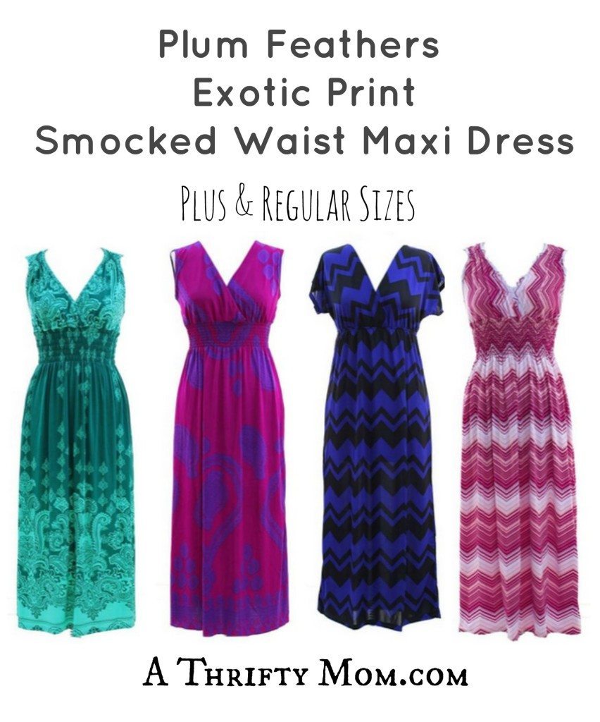 Plum Feathers Exotic Print Smocked Waist Maxi Dress - Plus & Regular Sizes - A Thrifty Mom