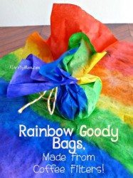 rainbow goody bags made from coffee filter, #saintpatricksday, #stpaddysday, #rainbow, #partyfavors,#rainbowgift, #rainbowsnack, #stpatricksdaysnack, #stpatricksdaygoodybags, #holiday,#thriftysnackideas, #thriftypartyfavors