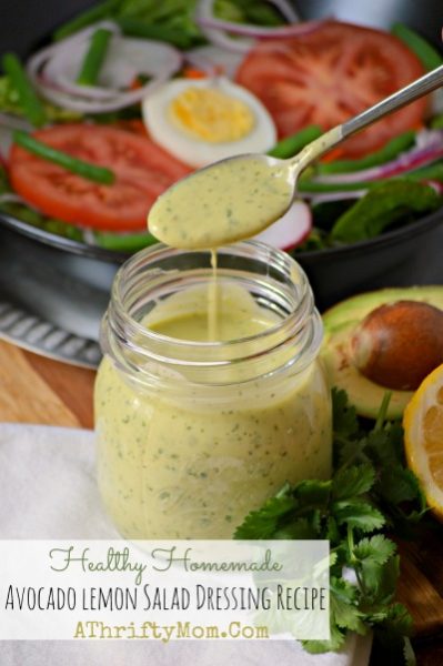 Healthy Homemade Avocado Lemon Salad Dressing Recipe, with Lemon cilantro garlic and honey, great on any salad perfect for spring and summer menu plans
