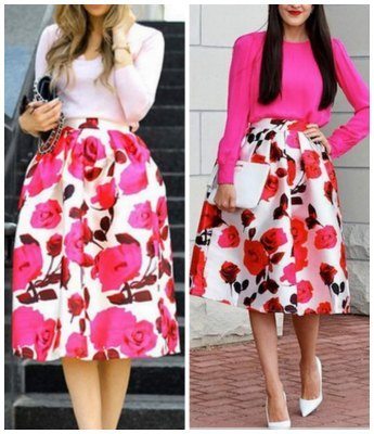Retro Rose Red Floral Printed Casual Dress Pleated Midi Skirts