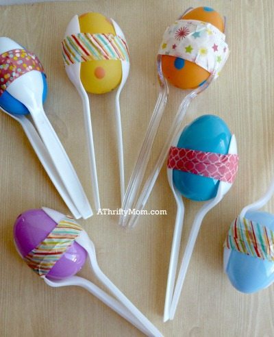 maracas made from plastic eggs, recycle those easter eggs!, #maracas, #diy, #crafts, #thriftycrafts, #washitape, #kidscrafts, #eggs, #easter, #plasticspoons, #thriftycrafting, #boredombuster