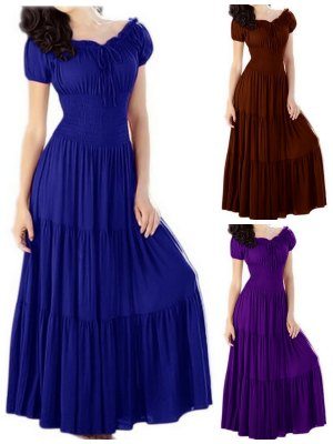 Gypsy Boho Cap Sleeves Smocked Waist Tiered Renaissance Maxi Dress