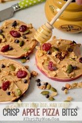 Healthy Lunch or Snack ideas Crisp Apple Pizza Bites, cool recipes for summer, apples peanut butter nuts berry and honey all natural
