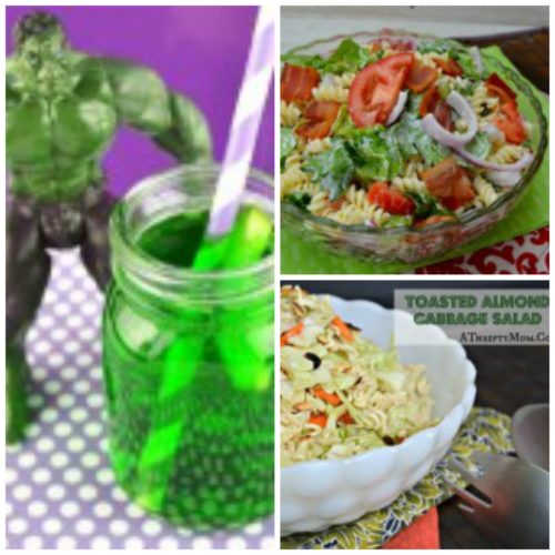 Hulk drink, BLT salad and toasted almond cabbage salad
