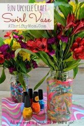 Kids Craft DIY Art Project, Upcycle Mothers Day swirl vase, turn a glass jar into a beautiful vase with nail polish and water, girls scouts or primary chruch groups would love this craft idea