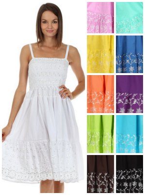 Cotton Embroidered Smocked Bodice Knee Length Dress
