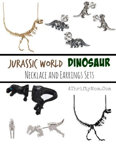 Jurassic Worl dinosaur theme earrings and necklace sets , how cool is this great gift for tween or teens