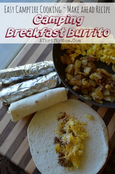 camping menu recipe ideas, breakfast burritos made on the campfire, camping hacks, breakfast ideas for outdoor cooking, menu plan