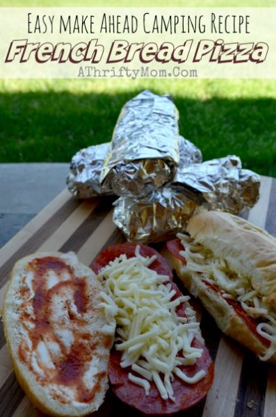 camping menu recipe ideas, french bread pizza made on the campfire, camping hacks, dinner ideas for outdoor cooking