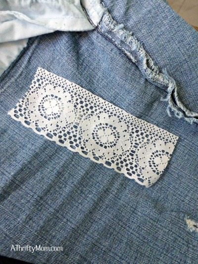 how to add lace to holes in jeans, patching jeans, tutorial, lace, fixing clothing, holes in jeans, thrifty tips and tricks