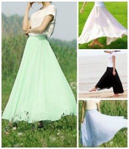 Women Double Layer Chiffon Pleated Maxi Long Skirt Elastic Waist Dress