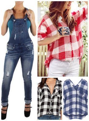 country style plaid shirt top and overalls