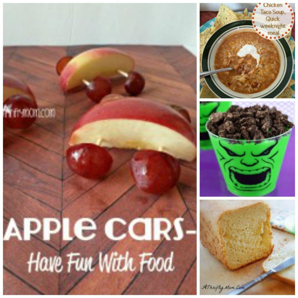 Apple cars, chicken taco soup, hulk pudding, sour dough bread