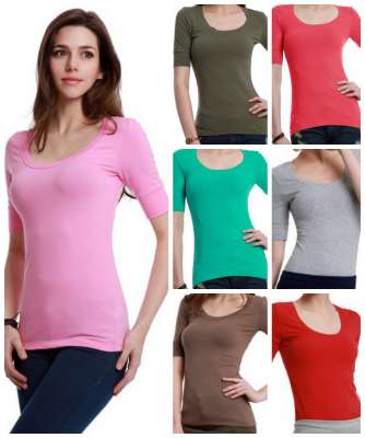 Basic Knit Round Neck 34 Sleeve Easy Wear T- Shirt Top