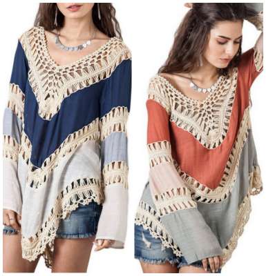 Hollow Color Block Crochet 34 Sleeve Knit Beach Top Cover Up