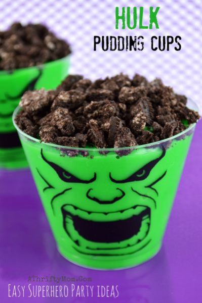Avengers Superhero Party Ideas ~ Hulk Pudding Cups