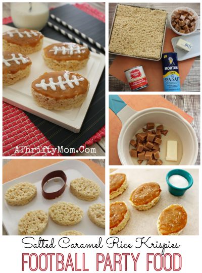 Football Party Food and snack ideas, NFL Game Day party treats, Superbowl recipes, Salted Caramel Football Rice Krispies, Kick off