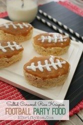 Football Party Food and snack ideas, NFL Game Day party treats, Superbowl recipes, Salted Caramel Football Rice Krispies, Tailgate snacks