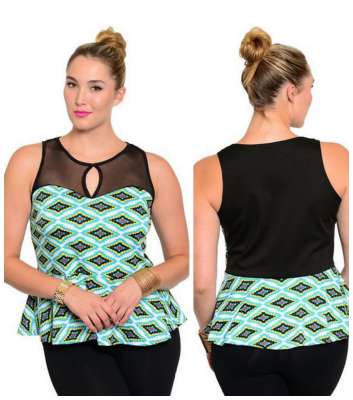 Women's Plus Size Aztec Pattern Sleeveless Peplum Top