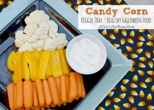 Healthy Halloween treat ideas, Candy Corn Veggie Tray, Healthy but Fun Halloween recipe ideas for parties