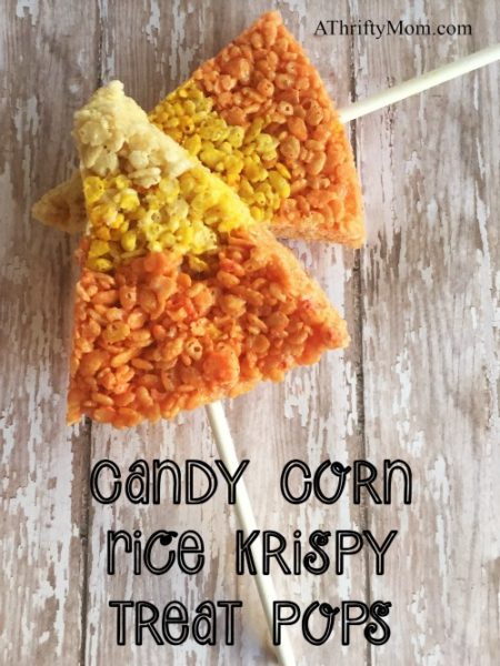 candy corn rice krispy treat pops, rice krispy treats, rice cereal treats, thrifty treats, treat ideas, halloween treats, halloween
