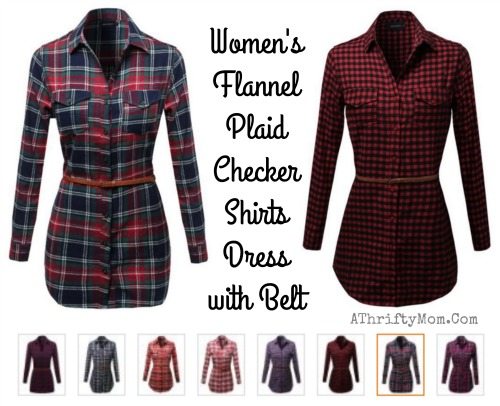 Fashion sale, Women's Super Cute Flannel Plaid Checker Shirts Dress with Belt