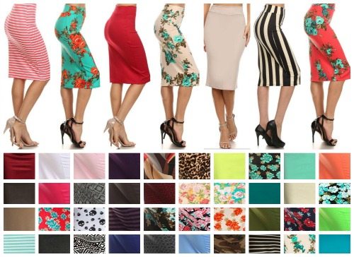 Over fifty to choose from – Pencil skirts below the knee – Solid, Stripe, Prints, Floral and more