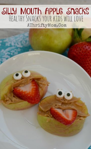 Fun and Healthy Snacks for kids,  Apple mouth with strawberry tonge, Funny lunch ideas, April Fools ideas for kids, Preschool party food, Silly Mouth Apples