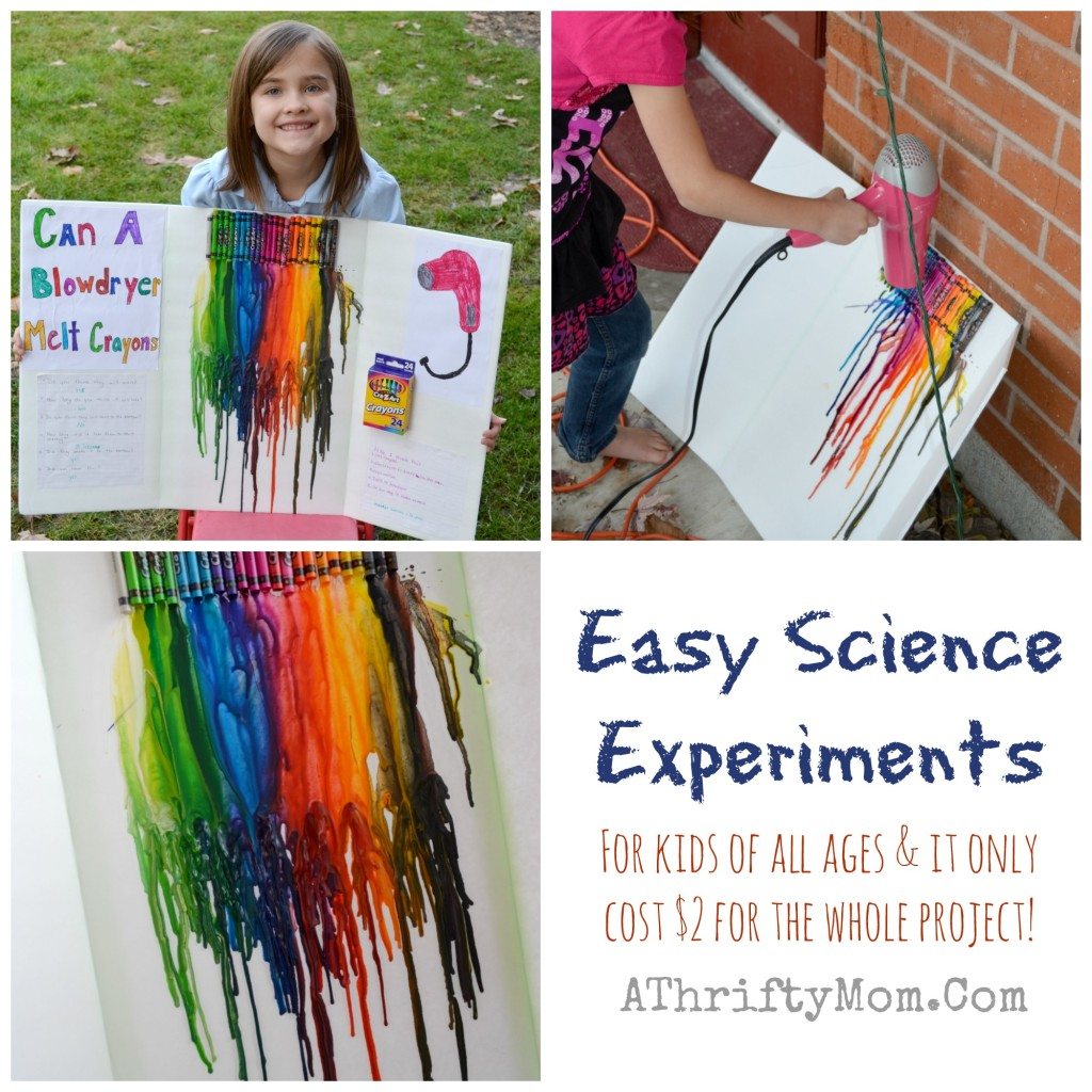 Easy Science projects for kids, melting crayons with a blow dryer craft project, low cost science projects, popular ideas for a school science fair