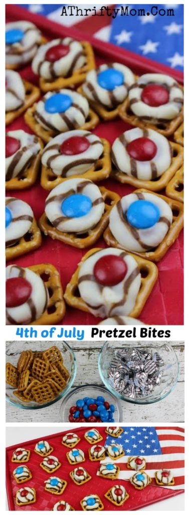 july 4th treats and desserts, easy bbq food ideas for a 4th of july party, Hugs and M&M's pretzel bites great recipe for kids to help you with