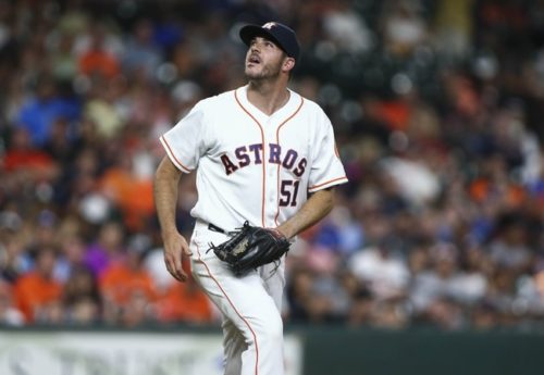 Aug 3, 2016; Houston, TX, USA; Houston Astros relief pitcher James Hoyt (51) pitches during the seventh inning against the Toronto Blue Jays at Minute Maid Park. Mandatory Credit: Troy Taormina-USA TODAY Sports