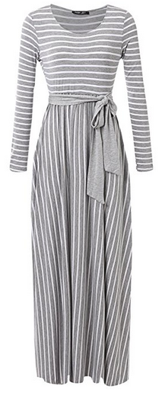 M&S&W Women Stripes V Neck Long Sleeve Casual Tie Waist Pockets Maxi Dresses 