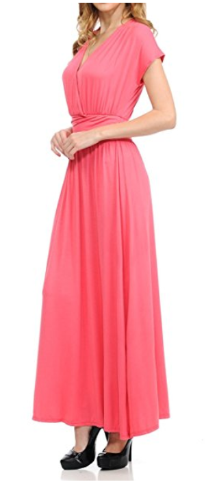 BellaTi Double Layered Front V Neck Short Sleeve Maxi Dress with Solid Rayon Spandex