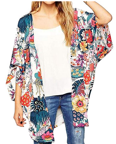 iLOOSKR New Womens Cardigan Long-Sleeved Printed Kimono Trumpet Sleeves Lace Beach Blouse Tunic